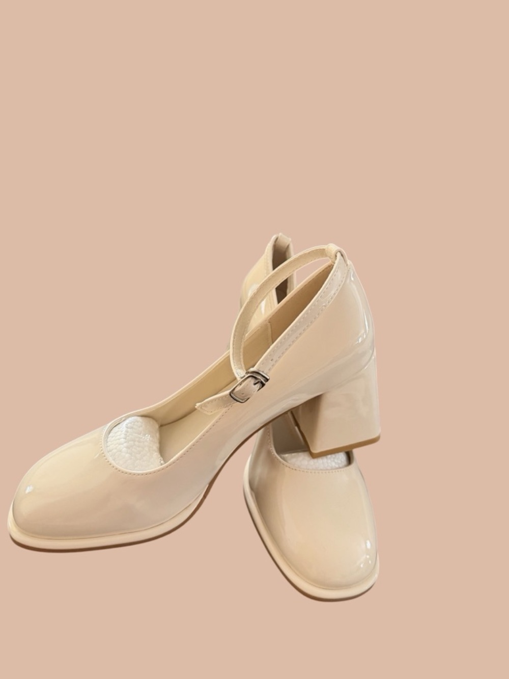 Patent Mary Jane Block Heel Pumps in Cream